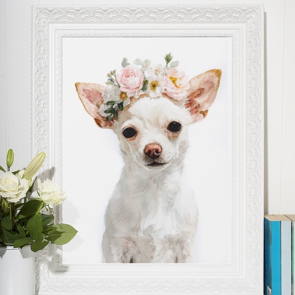 Watercolor White Chihuahua with Flowers Portrait Wall Art Print Poster Unframed - Picture 6 of 6